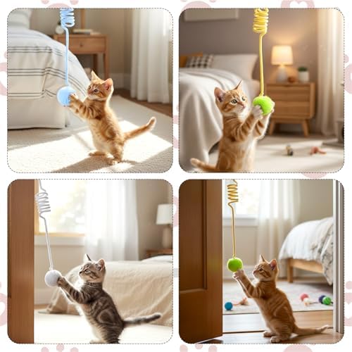 InnoHHustle 4PCS Cat Spring Toys, Hanging Fluffy Cat Ball Toys with Bell Stretchable Interactive Cats Teaser Soft Plush Interactive Cat Toy for Indoor Cats Kitten Play Chase Exercise