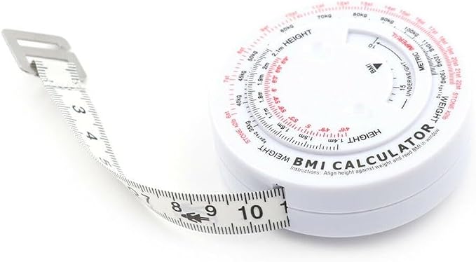 BMI Body Mass Index Retractable Tape Measure 150cm/59in, Push-Button Locking Diet Tool for Waist Hip Chest Thigh Calorie Tracking, White