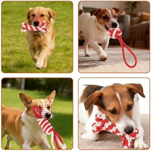 3 Pack Cotton Rope Dog Toy Set, Indestructible Chew Toys for Aggressive Chewers, Puppy Teething Toys with Bone, Human & Rope Dog Ball Designs for Boredom Relief & Tug of War, Red-White