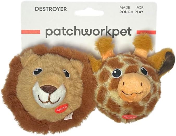 Patchwork Pet Pricklet Dog Toy Set, Giraffe and Lion, 4 inch Squeaky Balls, Durable Plush with Hidden Rubber Ball