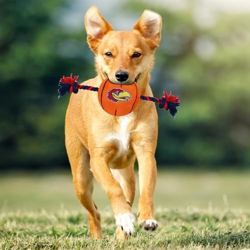 NCAA Kansas Jayhawks Basketball Rope Toy for Dogs & Cats. Tough Nylon, Sporty Basketball Design, Heavy-Duty Ropes with Inner Squeaker