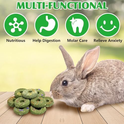 Fhiny Rabbit Chew Toys, 12 PCS Natural Timothy Hay & Flowers Cakes Guinea Pig Chew Treats for Teeth Handmade Small Animal Molar Snacks for Bunny Guinea Pig Chinchilla Hamster Gerbil Dental Care