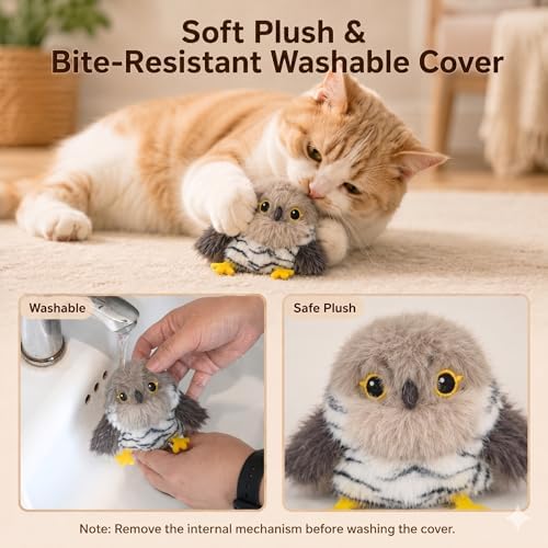 Flapping Bird Cat Toy, Cuckoo Plush Touch Activated Bird Chirp Cat Toy with Refillable Catnip, USB Rechargeable Interactive Kitten Exercise Toy,4.92"(No Flying)