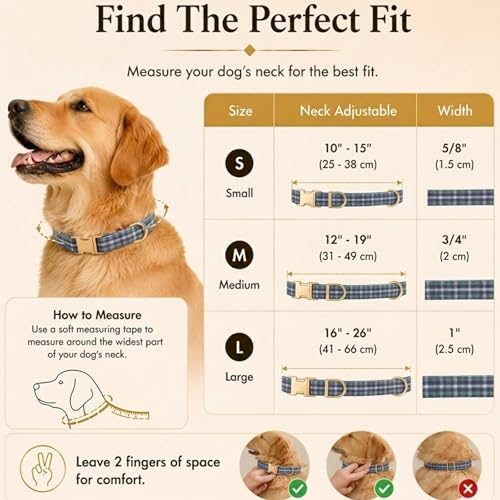 Soft Cotton Dog Collar Classic Plaid Pet Collars with Metal Clasp for Small Dogs with Sensitive Skin, Highland Blue Tartan
