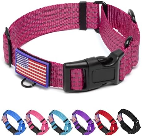 Martingale Dog Collar Reflective with USA Flag Patch, M,Hot Pink