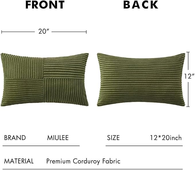 MIULEE Olive Green Decorative Lumbar Throw Pillow Covers 12x20 Inch 2 Pack | Boho Farmhouse Pillow Covers, Soft Cross Corduroy Patchwork Textured Cushion Cases For Bed Sofa
