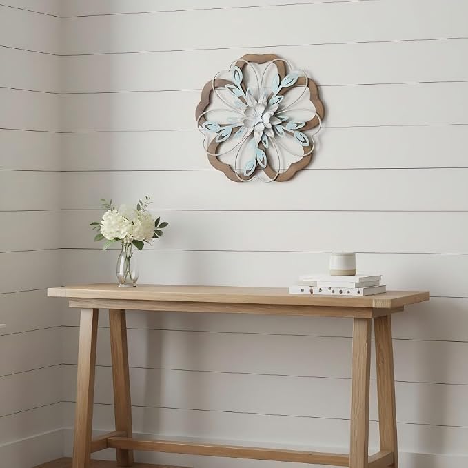 Remenna Metal Flowers Wall Decor, Rustic Floral Art, White & Blue, Farmhouse Hanging Decoration for Living Room, Bathroom, Garden