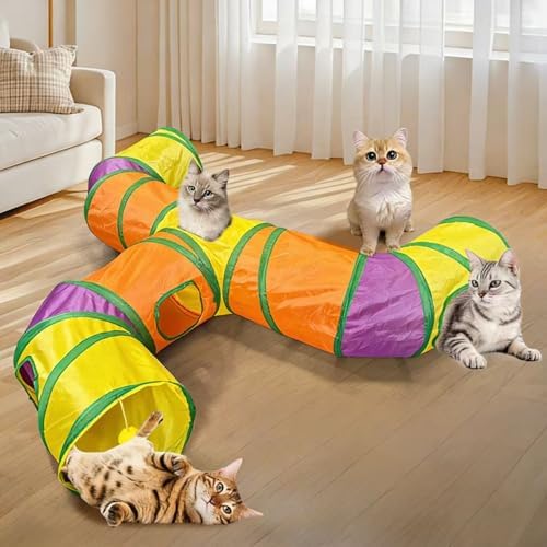 3-Way Cat Tunnels for Indoor Cats with Peek Hole, Large Foldable Rainbow Pet Tube Toy with Hanging Ball, Fun Interactive Toys for Kittens, Rabbits, Small Dogs