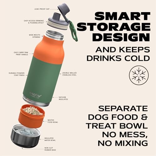 Asobu Dog Barky Bottle – Insulated Stainless Steel Water Bottle with 2 Removable Dog Bowls for Food, Treats & Water – Pet-Friendly Travel Bottle for Hiking, Road Trips & Outdoor Adventures