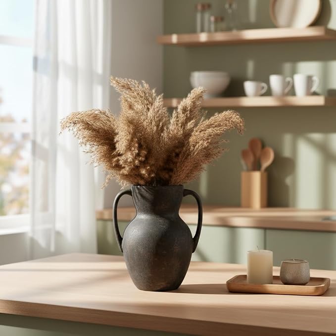 Emotionally Grounded Vase, Vaseking Large Ceramic Rustic Vasewith 2 Handles, 8.6 inch Minimalist Decorative Farmhouse Tall Vases for Home Decor, Living Room, Enterway, Table Decoration, Black Bronze