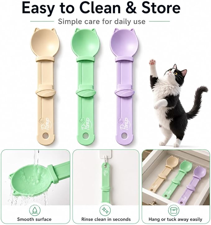 3 Pack Cat Treat Dispenser Spoon - Squeeze Cat Strip Feeder for Lickable Treats and Puree, Ergonomic Cat Treat Squeeze Spoon for Liquid Snacks & Wet Food, Mess-Free Pet Feeding Tool (Cat Round Style)