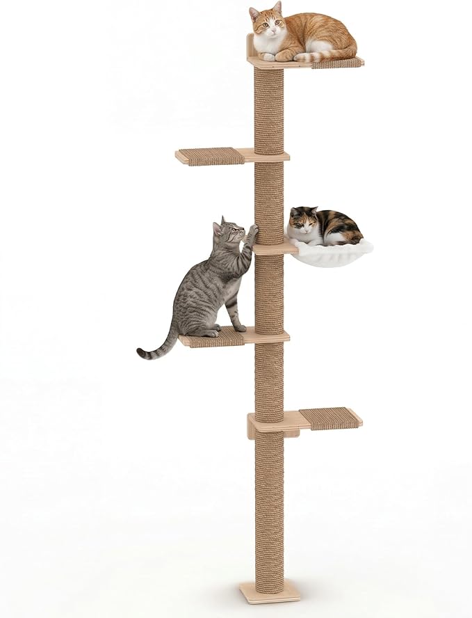 Tall Cat Tree, 5 Tier Floor Cats Tower, Wall-Mounted Kitten Sisal Scratching Post, with Cozy Hammock, Suitable for Climb, Scratch, Lookout and Play (Wall-Mounted)