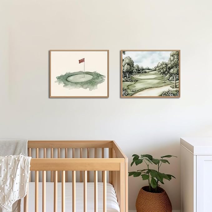 Mynotix Golf Nursery Canvas Poster Set of 6, Vintage Baby Boy Golf Sport Wall Art Teddy Bear Sage Green Kids Wall Decor Print for Living Room Bedroom Children's Room Unframed 12x16 inch