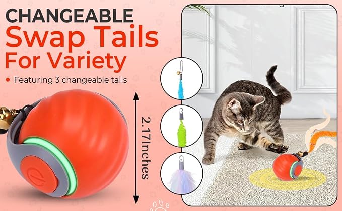 Interactive Cat Toy Ball - Motion-Activated, USB Rechargeable Cat Toys for Indoor Cats with Anti-Scratch Cover & 2 Changeable Tails - Enrichment Toy for Active Cats & Kittens