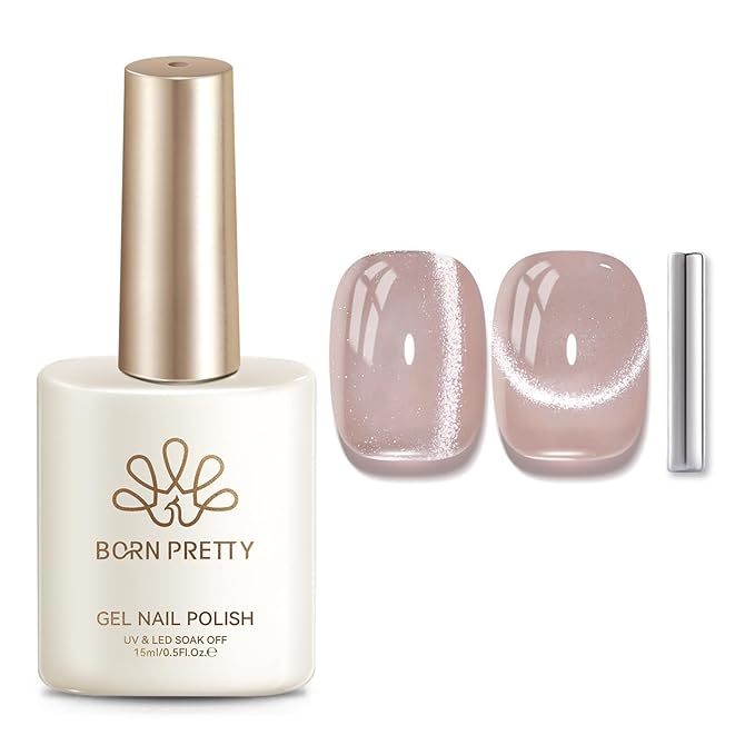 Born Pretty Nude Cat Magnetic Eye Gel Nail Polish,15ML Nude Pink Holographic Shimmer Glitter Magnetic Gel Polish,Reflective Translucent U V Gels for Manicure Salon DIY