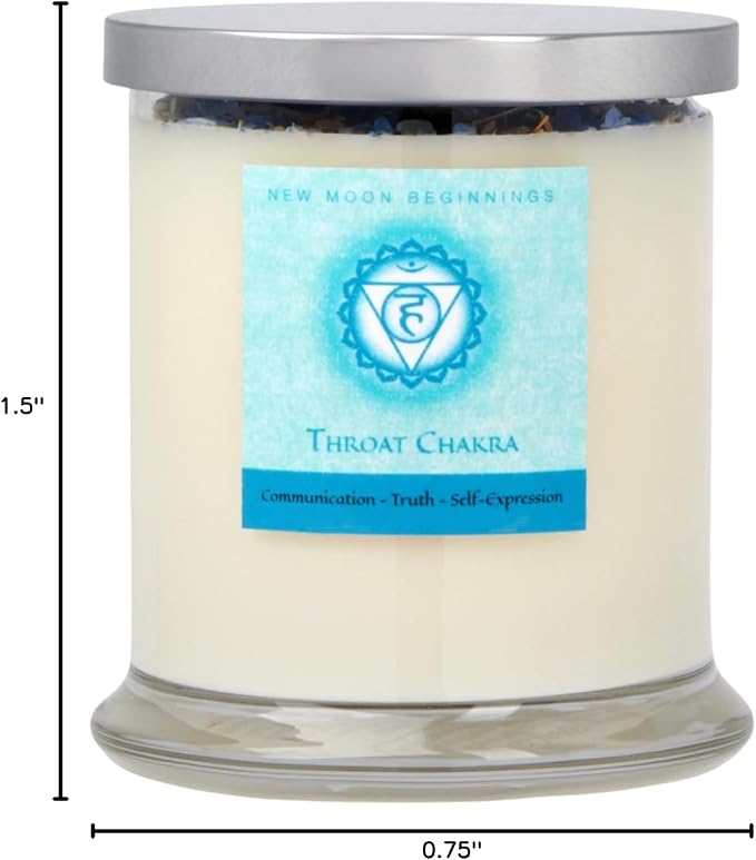 Throat Chakra Candle by New Moon Beginnings - Chakra Candles - Dried Flower, Herb, & Crystal Candles - Aromatherapy Candles - Soy Candle - 12oz Glass Jar