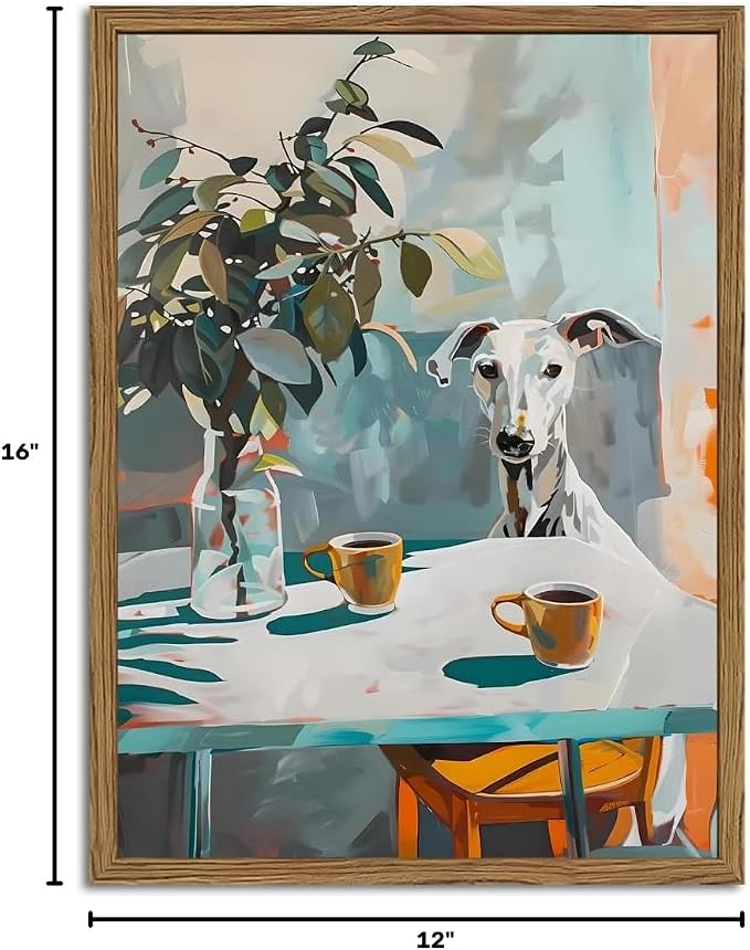 Funny Dog Wall Art, Whimsical Whippet Wall Decor Painting Cute Greyhound Poster Canvas Print Animal Artwork for Dining Room Kitchen Living Room 12x16 inch Wood Framed