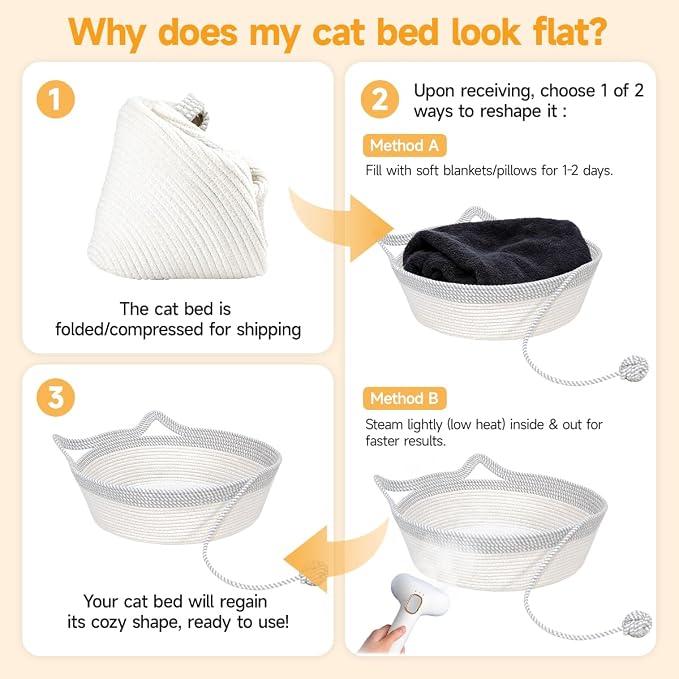 Cat Bed, Cotton Rope Instinct Basket for Cats, Handwoven Cat Beds | Stimuli Handwoven Basket for Cat, Pet Sleeping Bed with Rope Ball, Puppies, Rabbits and Small Pets(Medium, Gray & White)