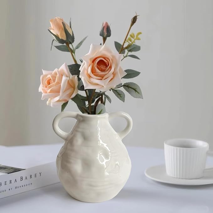 LIFFY Ceramic Vase for Flowers, 6.3 Inch Tall Farmhouse Centerpiece with Double Handles, Rustic Terracotta & Modern Navy White - Home Table Decor (White)
