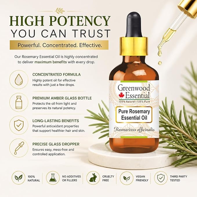 Greenwood Essential Pure Rosemary Essential Oil (Rosmarinus officinalis) with Glass Dropper Steam Distilled 30ml (1.01 oz)