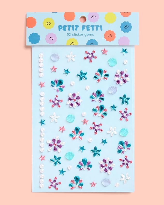 xo, Fetti Kids Face Gems, Mermaid Pink + Blue - 52 pcs. | Cute Seashell Face Stickers, Pearl Birthday Rhinestone Accessory, Under the Sea Decorations