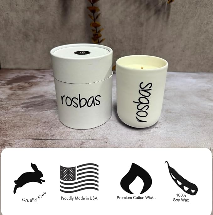 rosbas Palo Santo Soy Wax Candle - 8 oz in Ceramic Jar - Boxed - Clean Burning for Energy Cleansing - White - Made in USA
