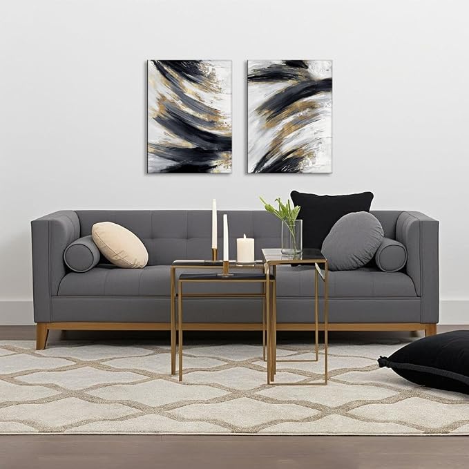 Chadow Artwork 2 pieces Black and Gold Abstract Wall Art 2 Pack Black and White Canvas Wall Decor Modern Framed Artwork for Living Room Bedroom Office Décor Ready to Hang 12"x16"(30cmx40cm)