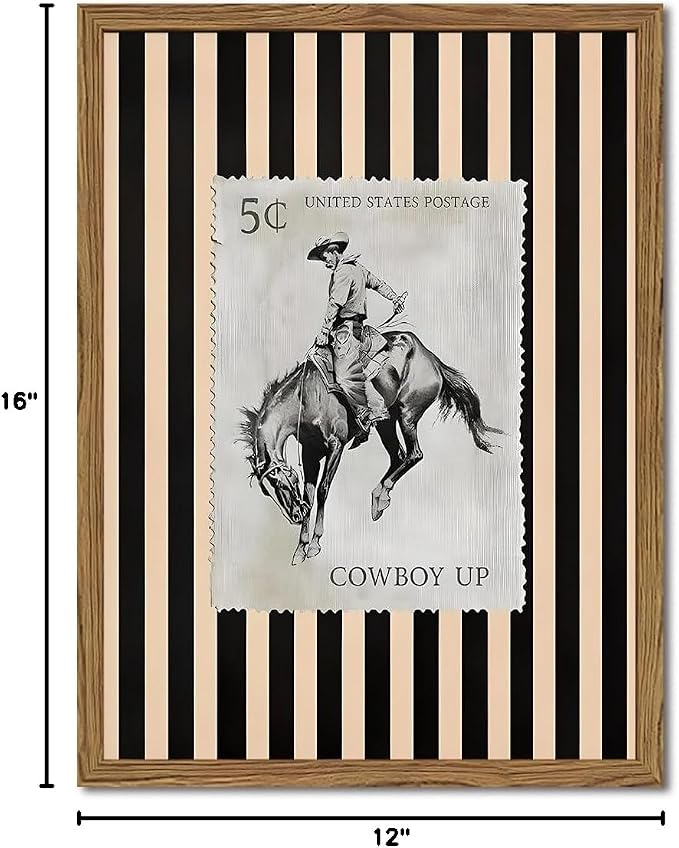 Vintage Western Wall Art, Rodeo Cowboy Horse Postage Wall Decor Mid Century Southwest With Stripes Western Canvas Prints for Living Room Bedroom Bathroom 12x16 inch Framed