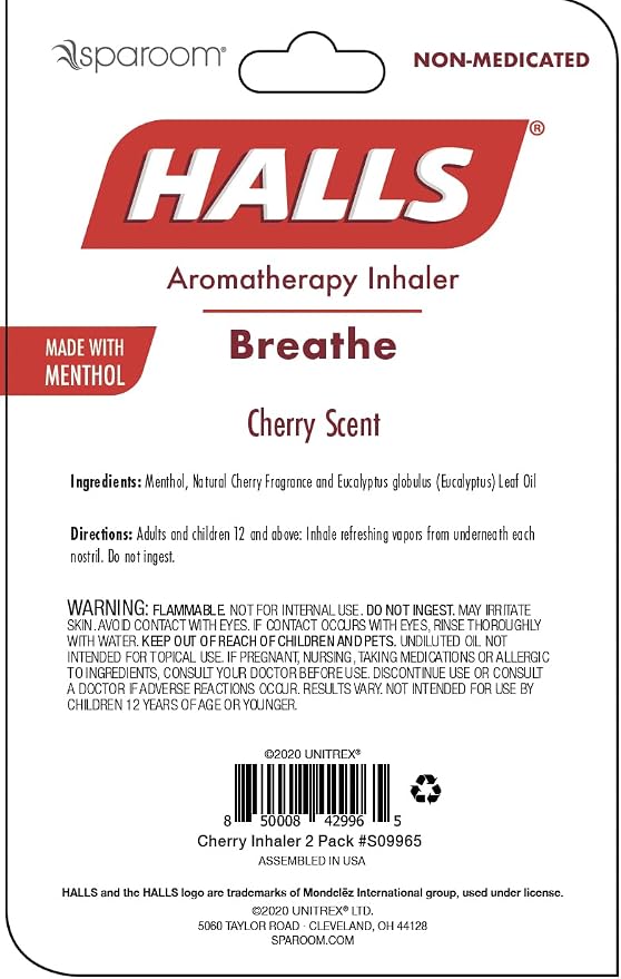 SpaRoom Halls Nausea Relief Nasal Stick – Breathe Cherry, 100% Pure Essential Oils, Aromatherapy Nasal Stick for Sinus Relief, Stress & Craving Management, Sweet Cherry Scent, 2-Pack, Non-Medicated