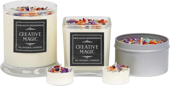 Creative Magic Candles by New Moon Beginnings - Focus, Creativity, & Concentration - Herb & Crystal Candles - Soy Aromatherapy Candle - Set of 6 Tealights