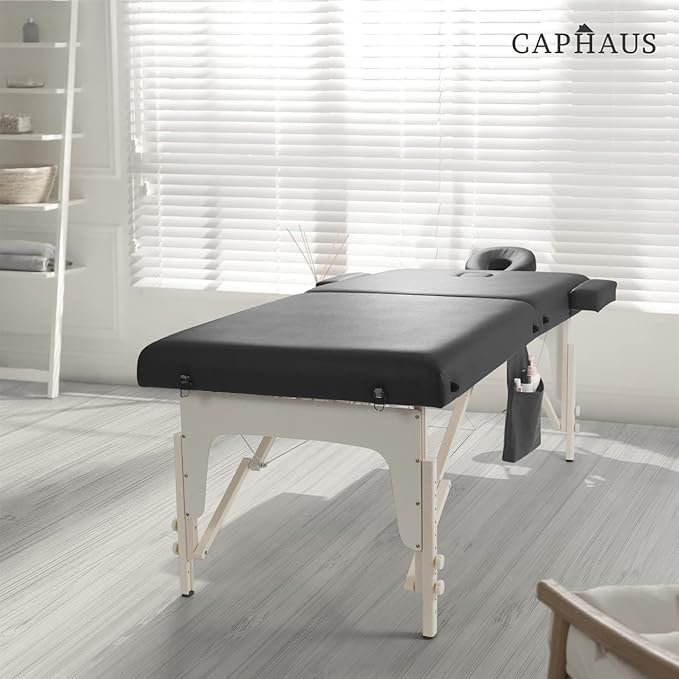 CAPHAUS Premium Memory Foam Massage Table, 84 Inch Foldable & Portable, Height Adjustable Spa Bed, Facial Cradle Salon Bed, Wooden Legs & Carry Case, 32 Inch Wide, Black