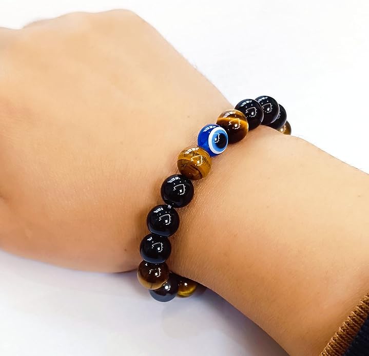 Evil Eye with Hematite Black Obsidian Tiger Eye Stone Triple Protection Bracelets for Men Women, Crystal Healing Stone Bracelet Bring Luck Prosperity and Happiness Jewelry