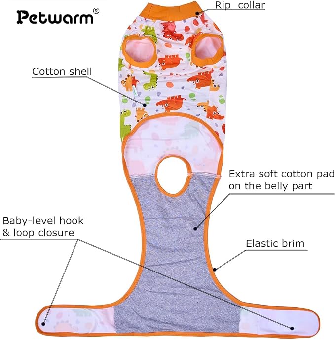 PetWarm Dog Surgery Recovery Suit Neuter, Recovery Suit for Dogs, Dog Recovery Shirt Abdominal Wounds Bandages Substitute E-Collar and Cone, Dinosaur Pattern, Yellow, S