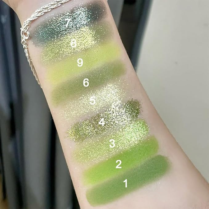 evpct 9 Colors Green Glitter Eyeshadow Palette, Light Dark Emerald Avocado Neon Green Glitter Metallic Shimmer Sparkly Eye Shadow Palette Makeup for Older Women Blue Eyes, Highly Pigmented Eyeshadow