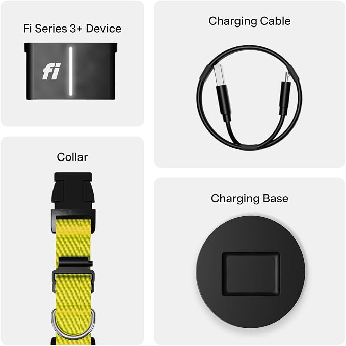 Fi Series 3+ GPS Dog Collar Small Yellow, Tracker with 6-Month Plan | Waterproof build, LED safety light, escape alerts, nationwide coverage, iOS and Android app, activity monitoring