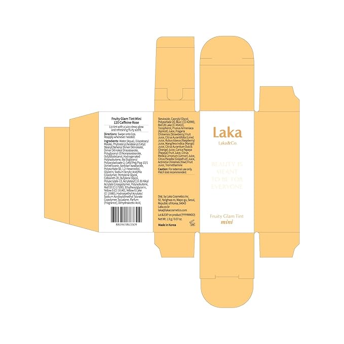 Laka Fruity Glam Lip Tint Mini, 1.9g/0.07oz, Glowing Lip Stain with Wide Color Spectrum, Hydrating & Lightweight Texture, Long-Lasting Bold Stain, Non-Sticky, Vegan, K-Beauty (#120 Caffeine rose)