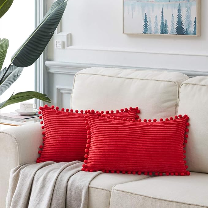 Fancy Homi Pack of 2 Christmas Rectangle Decorative Throw Pillow Covers with Pom-poms, Soft Corduroy Accent Solid Cushion Case Set for Couch Sofa Bedroom Car Living Room (12x20 Inch/30x50 cm, Red)