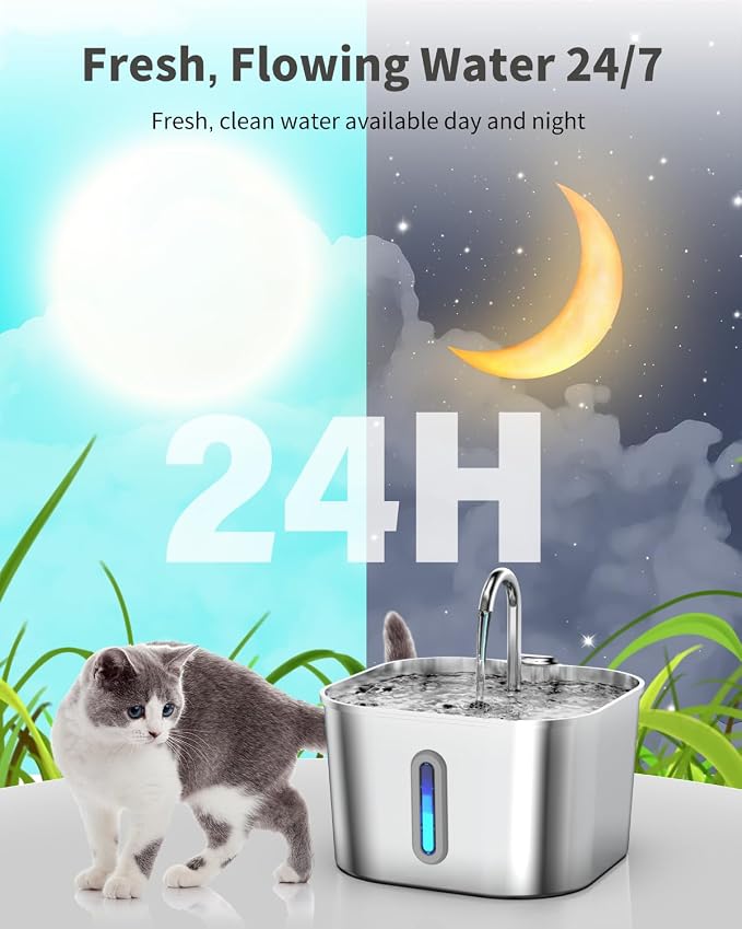 Lawfery Cat Water Fountain Stainless Steel, 74oz/2.2L Pet Fountain | Quiet Pump, Easy to Clean, Cat Drinking Fountain for Indoor Cats and Small Dogs