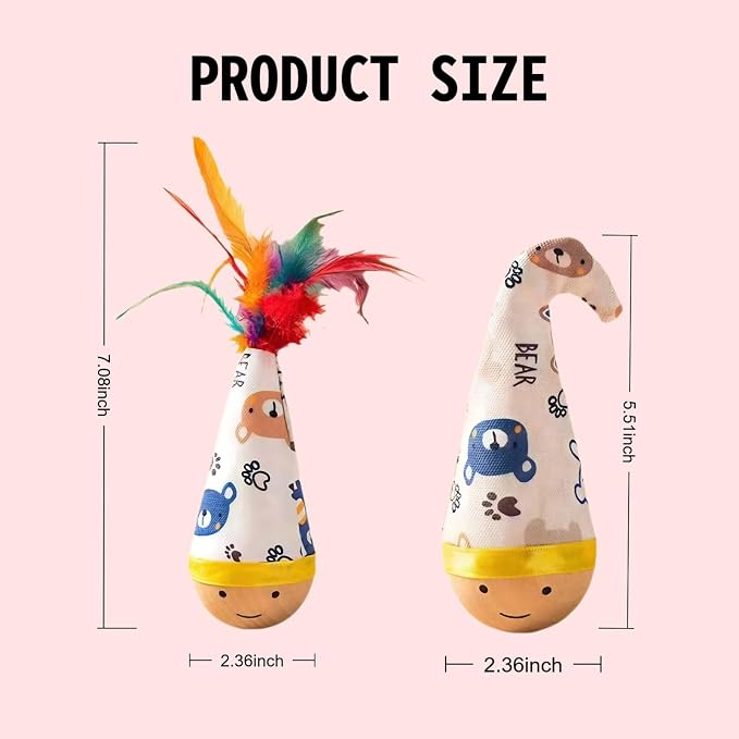 Natural Beechwood Cat Toy, 2-Pack Weeble Wobble Tumbler Toy for Indoor Cats & Small Dogs, Self-Righting Interactive Toy with Colorful Feathers, Silent Battery-Free Play for Solo Exercise