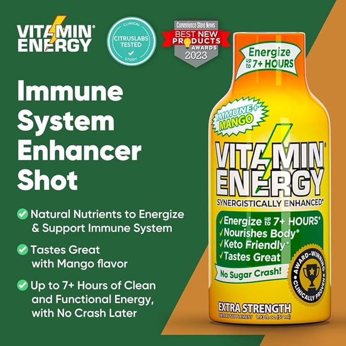 Vitamin Energy Immune+ Extra Strength Energy Shot Mango 12 Pack, 260mg Natural Caffeine, B-Vitamins, Citicoline, Green Tea, Immunity & Focus Support, Zero Sugar, Gluten-Free 1.93 fl oz