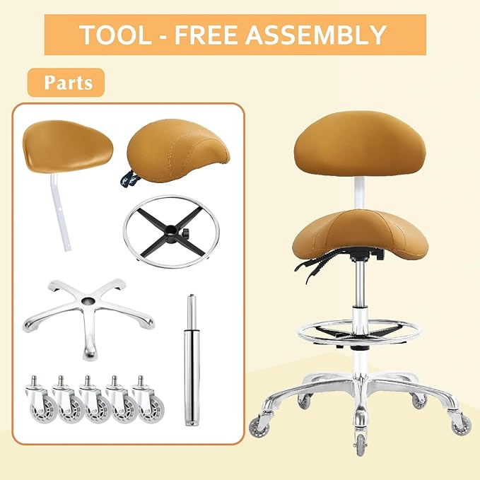Saddle Stool Chair with Back Support Footrest, Heavy-Duty(350LBS), Hydraulic Rolling Swivel Adjustable Stool Chair for Salon Spa Beauty Massage Dental Clinic Home Office Use(Camel)