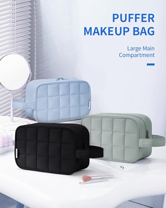 Narwey Quilted Makeup Bag Puffy Make up Bag Cosmetic Bag Organizer, Puffer Travel Toiletry Bag for Traveling Women Girl, Travel Bag for Toiletries, Skincare Medicine Bags (Black)