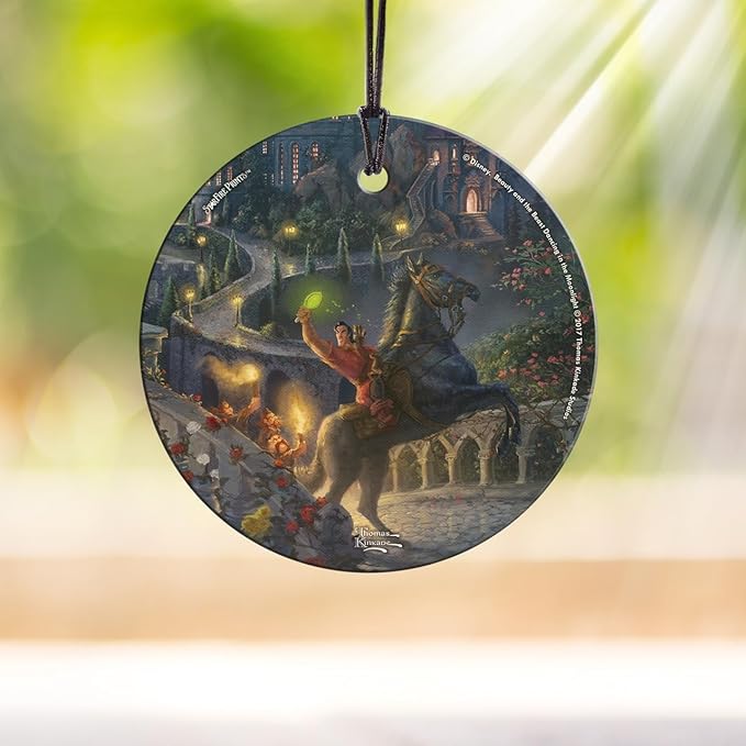 Thomas Kinkade Studios – Disney – Beauty and the Beast – The Enchanted Pursuit – 3.5” Starfire Prints Hanging Glass Print Accessory – Officially Licensed Collectible - Ideal For Gifting and Collecting