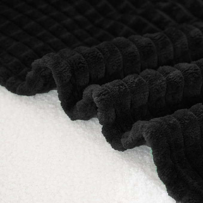 Puncuntex Fleece Throw Blanket Black 60"×80" with Square Grid Design | Super Soft Plush Cozy Flannel Throw Blanket Luxury for Couch Sofa Chair
