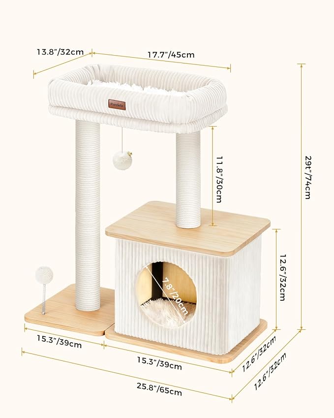 Small Cat Tree for Indoor Kittens, 30" Compact Modern Cat Tower | Natural Bamboo Cozy Condo, Soft Padded Perch, Sisal Scratching Post, Dangling Ball Toy, Stable Base, for Cats up to 15 lbs