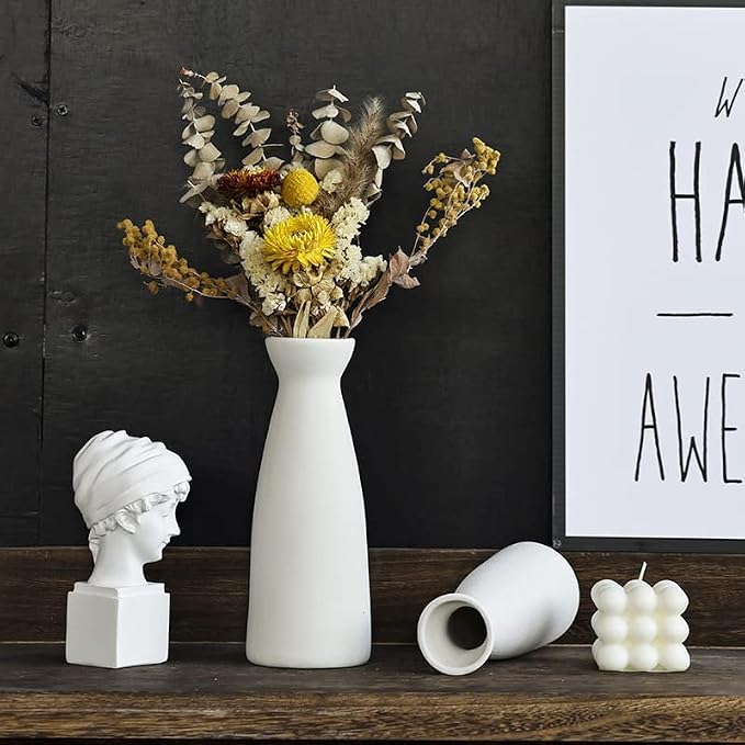 CEMABT White Ceramic vase Set-3 Small Flower vases for Decor,Modern Boho Farmhouse Home Decor,Decorative vase for Pampas Grass&Dried Flowers,idea Shelf,Table,Bookshelf ,Entryway- Distressed
