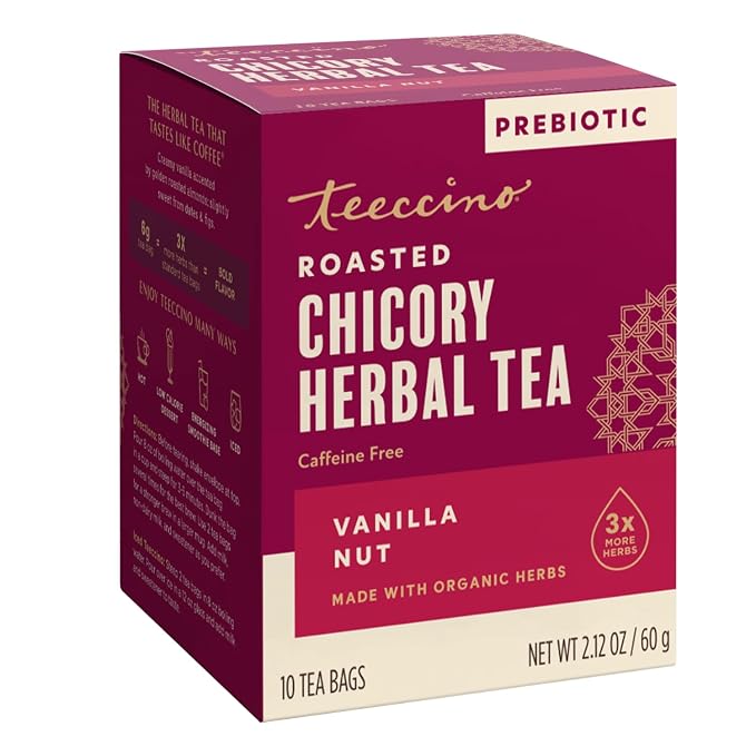 Teeccino Vanilla Nut Herbal Tea - Rich & Roasted Herbal Tea That’s Caffeine Free & Prebiotic for Natural Energy, 10 Tea Bags (Pack of 6)