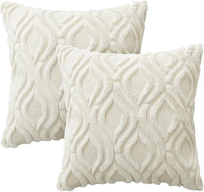 MIULEE Cream White Throw Pillow Covers 18x18 Inch, Soft Winter Plush Faux Wool Couch Pillow Covers Set of 2 Decorative Farmhouse Boho Throw Pillows for Sofa Living Room Bed | Set of 2, Farmhouse Boho Home Decor, Decorative Cushion Covers for Sofa, Livi...