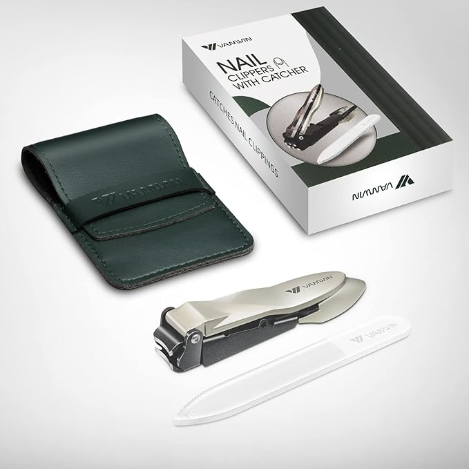 Nail Clippers with Catcher, No Splash Fingernail Toenail Clippers with Sharp Curved Blade and Glass Nail File, Wide Jaw Opening Stainless Steel Nail Cutter Trimmer for Seniors Adult Men Women