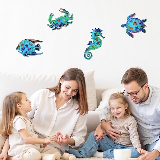 VEWOSTAR Metal Ocean Wall Art Decor Outdoor,Beach Wall Sculpture Set of 4 | Themed House Decor for Bathroom, Coastal Patio, Garden Fence, Pool Wall Art, Nautical Outdoor Decor Gift